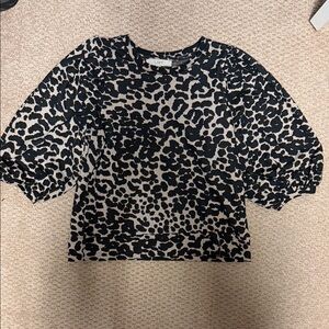 LOFT Black and Tan Animal Print Puff Sleeve Top
